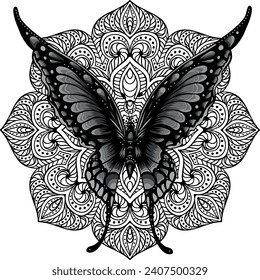 monochromatic butterfly with mandala on white background