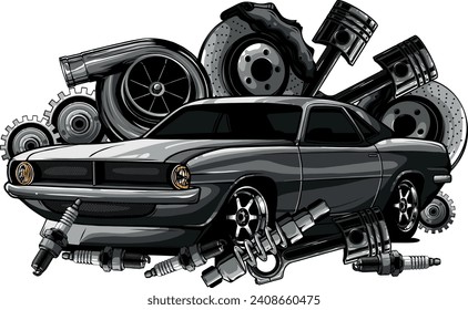 monochromatic car components collection witn automobile motor engine piston steering wheel tire headlights speedometer gearbox shock absorber isolated vector illustration