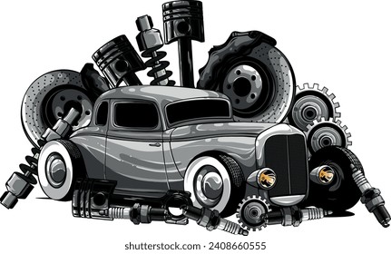 monochromatic car components collection witn automobile motor engine piston steering wheel tire headlights speedometer gearbox shock absorber isolated vector illustration