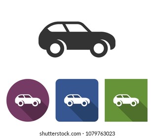 Monochromatic car icon in different variants with long shadow