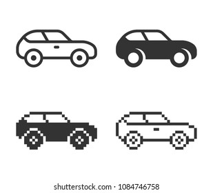 Monochromatic car icon in different variants: line, solid, pixel, etc.