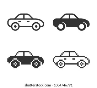 Monochromatic car icon in different variants: line, solid, pixel, etc.