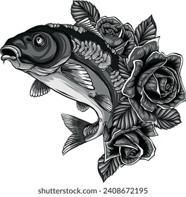 monochromatic carp with roses on white background