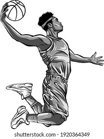 monochromatic cartoon basketball player is moving dribble with a smile vector