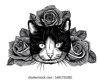 monochromatic cartoon fluffy cat with roses. Siamese cat with open eyes and flowers. Coloring book for adults and children.