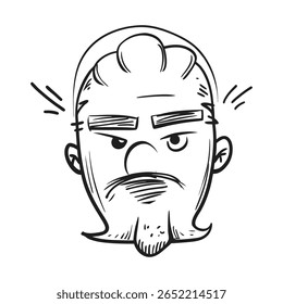 Ilustração de desenho animado monocromático com um homem com uma barba ousada, características faciais expressivas e uma expressão curiosa. Ideal para projetos criativos, visuais de comunicação,