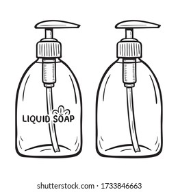 Monochromatic  cartoon illustration of liquid soap bottle. With and without text label.  On white background