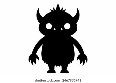 Monochromatic cartoon monster with claws and horns. Fantasy creature, scary character concept, horror theme. Black silhouette isolated on white background.