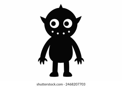 Monochromatic cartoon monster with claws and horns. Fantasy creature, scary character concept, horror theme. Black silhouette isolated on white background.