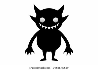 Monochromatic cartoon monster with claws and horns. Fantasy creature, scary character concept, horror theme. Black silhouette isolated on white background.