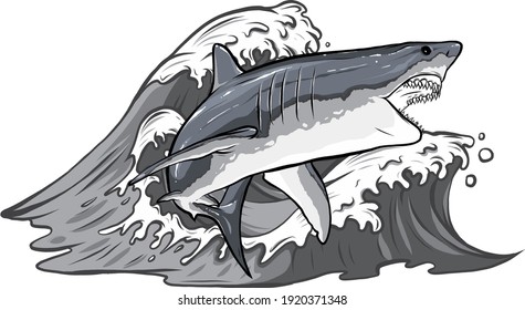 monochromatic cartoon vector illustration of white shark design