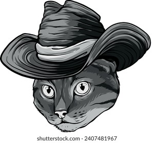 monochromatic cat in cowboy hat mascot logo ,hand drawn illustration