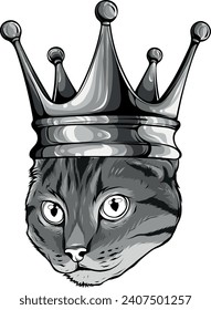 monochromatic cat in crown on white background