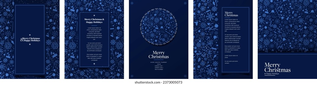 Monochromatic Cetacean Blue Christmas Poster Invite Templates. Set of Christmas backgrounds.  Cute Xmas Pattern backdrops. Greeting Card and poster layouts. Vector Illustration.