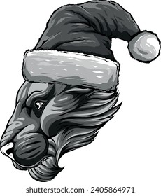 monochromatic Christmas holidays lion with a cap. Vector illustration.