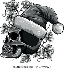 monochromatic christmas skull wearing santa claus hat