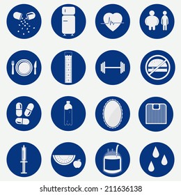 Monochromatic an circular icons with gradient representing equipment, food and habits related to health. Monochromatic circular icons of health