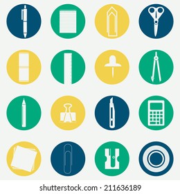 Monochromatic circular icons of several office supplies as scissors, pencil, pen, compass, stiletto, calculator, ruler, masking tape, paper clips, pencil sharpener, copybook, papers and pins.