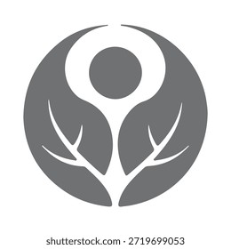 A monochromatic circular symbol featuring a stylized human figure with outstretched arms, resembling a sun or a celestial body with rays.