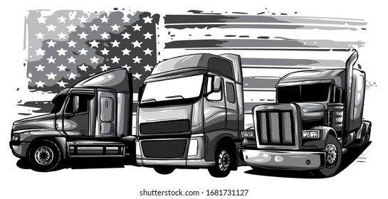 monochromatic Classic American Truck. Vector illustration with american flag