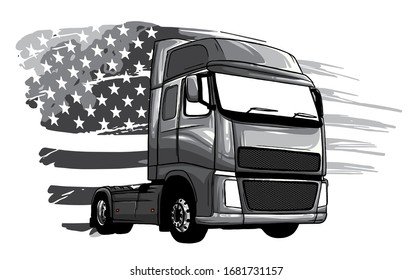 monochromatic Classic American Truck. Vector illustration with american flag