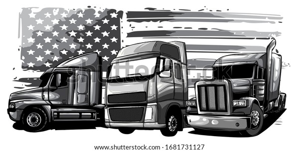 monochromatic Classic American Truck. Vector\
illustration with american\
flag
