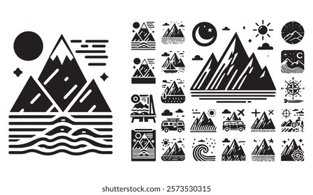 Monochromatic Collection of Outdoor Iconography Featuring Mountains, Water, Sun, Moon, and Travel Elements