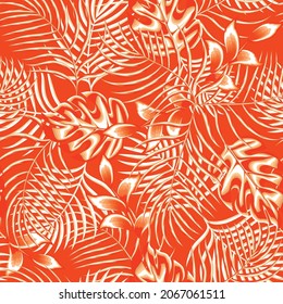 monochromatic color stylish tropical seamless pattern plant and leaves on orange background. Exotic natural abstract plant. Exotic illustrations, foliage elements isolated. summer