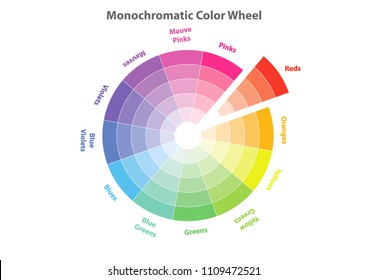 monochromatic color wheel, color scheme theory, reds color in evidence, vector isolated or white background