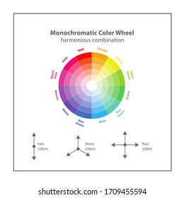 monochromatic color wheel, color scheme theory. Circular color scheme with a harmonious selection of colors, vector isolated or white background