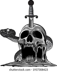 monochromatic Colorful Tattoo design with skull and snake. vector illustration.