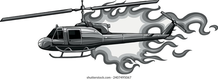 accidente de helicóptero de combate monocromático. Ilustración de dibujos animados de color de estilo plano.