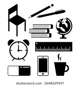 A monochromatic compilation of educational-themed graphics, featuring items like books, a globe, and various stationery objects, ideal for academic, learning, or back-to-school designs.