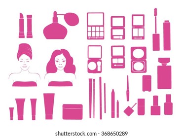 Monochromatic cosmetic icons  set. Make up face, cosmetic. Pink cosmetic products silhouettes set, isolated on white background, vector illustration.