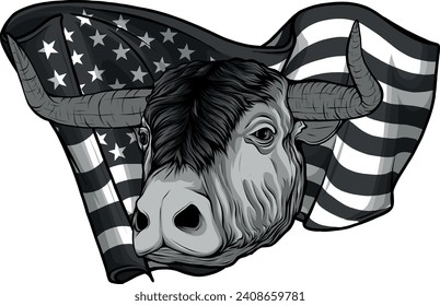 monochromatic Cow on a background of flag of the United States of America