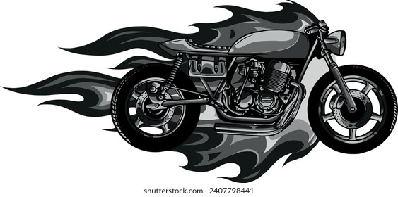 monochromatic custom motorcycle with flames vector illustration design