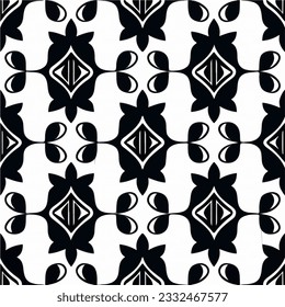 Monochromatic damask pattern in black and white on a white backdrop, enhanced by an overlay of aizome pattern, creating a visually captivating fabric design.