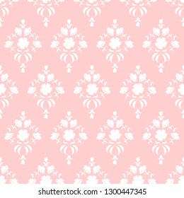 Monochromatic damask pattern, hand drawn floral elements on pink background. Seamless vector repeat pattern. 