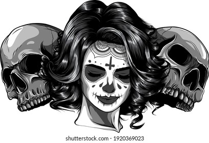 monochromatic Dead girl with two sugar skulls. vector