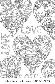 monochromatic decorative pattern with hearts drawn line with flowers branches and leaves and the inscription love isolated on white background postcard black and white