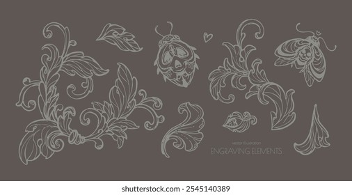 Um desenho monocromático de elementos florais decorativos e insetos com motivos de crânio, desenhado em estilo de gravação sobre fundo escuro