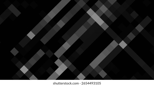 Monochromatic design with diagonal gray bars and square pixel details creates an abstract, shadowed atmosphere and layered depth perfect for modern presentations and wallpapers