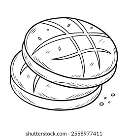 Monochromatic detailed drawing of two artisan bread loaves with a decorative crust pattern, crumbs around.