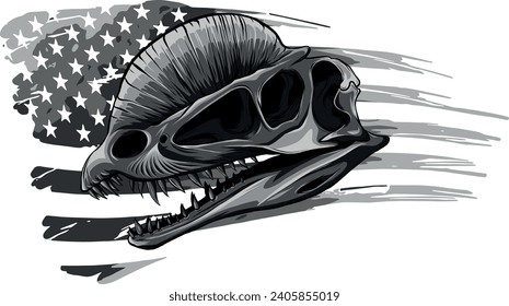 monochromatic Dilophosaurus dinosaur skull fossil with american flag