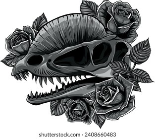 monochromatic dinosaur head skull with rose artwork design