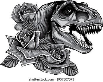 monochromatic dinosaur and roses frame. vector design. Concept art drawing.