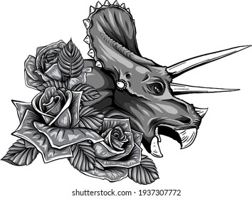 monochromatic dinosaur and roses frame. vector design. Concept art drawing.