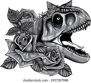 monochromatic dinosaur and roses frame. vector design. Concept art drawing.
