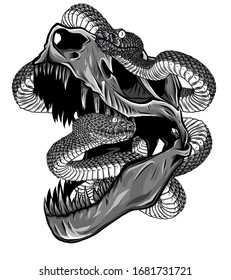 monochromatic Dinosaur Skull. Drawing Of T-Rex Skull with snake
