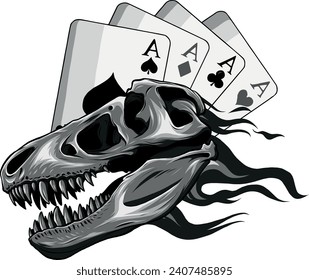 monochromatic Dinosaur Skull with flames and poker card